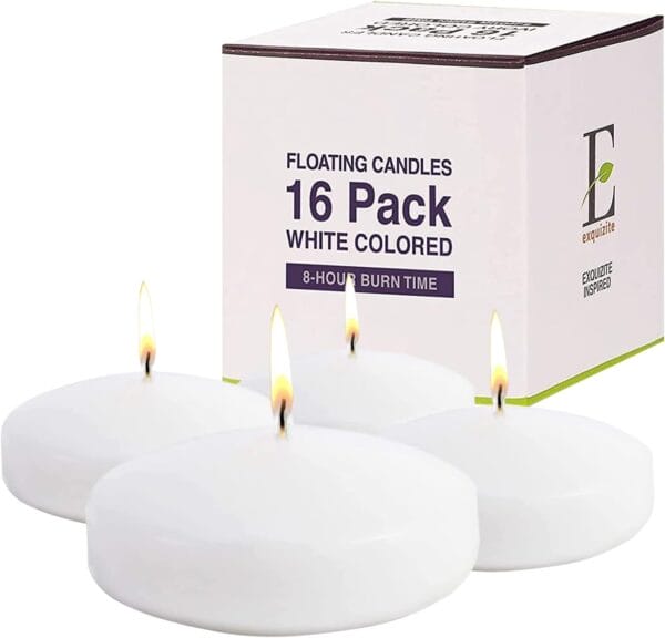 Exquizite Floating Candles for Centerpieces - Pack of 16 White Unscented Long Burning (8 hrs)