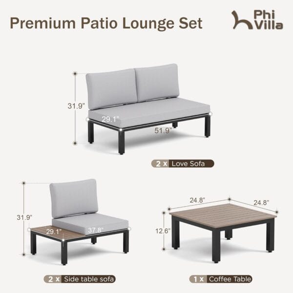 PHI VILLA Metal Patio Furniture Set 8 Piece Modular Modern Outdoor Sectional Sofa Garden Seating Set with Wrought Iron Coffee Table, Light Grey Cushion - Image 4