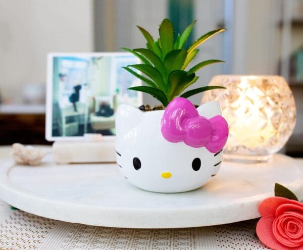 Silver Buffalo Sanrio Hello Kitty Face 3-Inch Ceramic Mini Planter with Artificial Succulent - Image 3