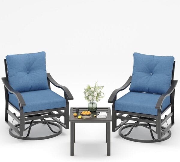 BrandName 3 Piece Outdoor Swivel Chair, Patio Furniture Metal Rocker Bistro Set with Rocking Chair, Thick Cushions and Table for Porch Garden Balcony (Blue)