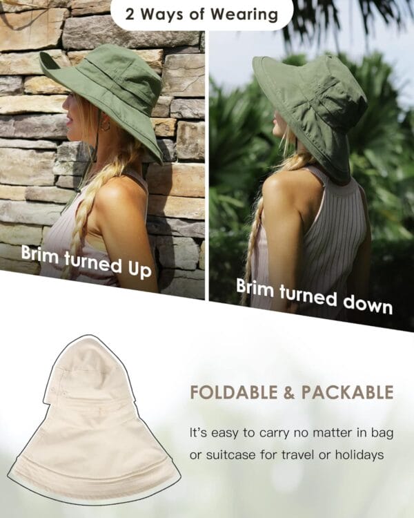 Brand Sun Hats for Women Gardening Hat Wide Brim Ponytail Beach Sun Protection Breather Cotton Summer Hat with Fold-Up Brim - Image 4