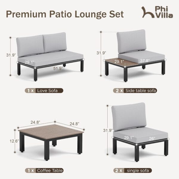 PHI VILLA Metal Patio Furniture Set 8 Piece Modular Modern Outdoor Sectional Sofa Garden Seating Set with Wrought Iron Coffee Table, Light Grey Cushion - Image 3