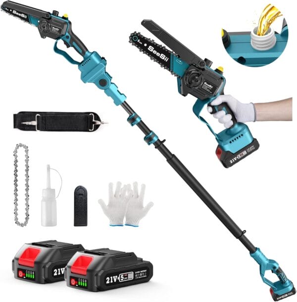 Seesii PS600 2-in-1 Electric Pole Saws for Tree Trimming, Mini Chainsaw Cordless with Extension Pole, Battery Powered Chain Saw