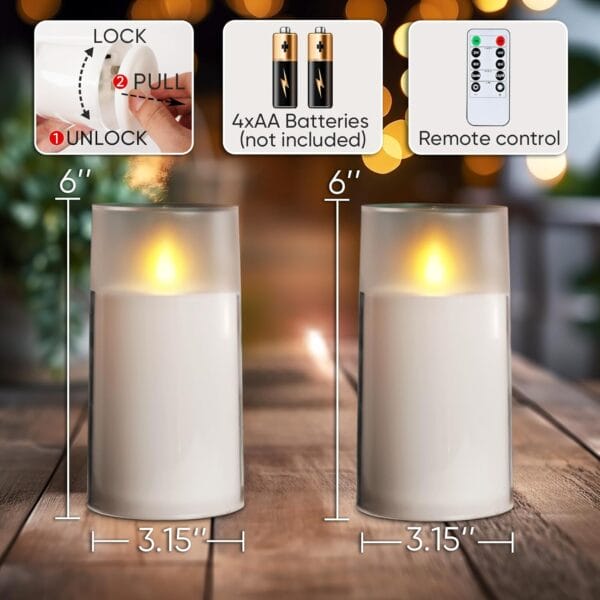 Homemory Realistic Flickering Flameless Candles with Dancing Flame, LED Candles, Battery Operated Candles with Remote and Timers, Frosted Acrylic, Outdoor Waterproof, White, Set of 3 - Image 2