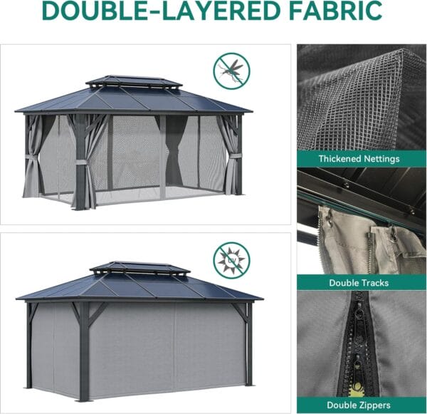 YITAHOME 10x10FT Gazebo Polycarbonate Hardtop Double Roof Canopy with Netting and Shaded Curtains, Grey - Image 5