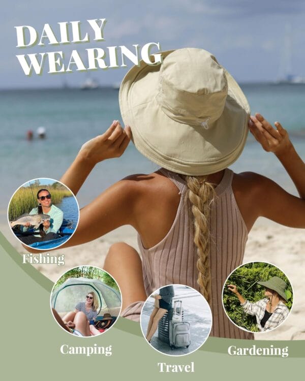 Brand Sun Hats for Women Gardening Hat Wide Brim Ponytail Beach Sun Protection Breather Cotton Summer Hat with Fold-Up Brim - Image 5