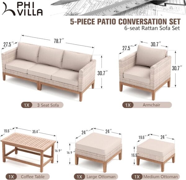 PHI VILLA 5-Piece Patio Wicker Furniture Set with Ottoman, Beige - Image 2