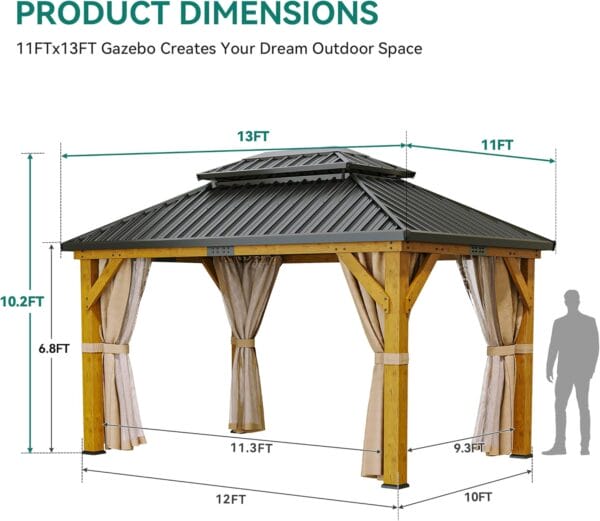 YITAHOME 12x20ft Hardtop Gazebo with Nettings and Curtains, Wood Grain Heavy Duty Double Roof Galvanized Steel for Patio - Image 4