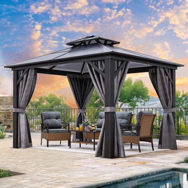 YITAHOME 10x10FT Gazebo Polycarbonate Hardtop Double Roof Canopy with Netting and Shaded Curtains, Grey