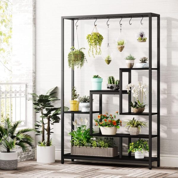 Tribesigns 5-Tier Tall Indoor Plant Stand, 70.9 inches Metal Plant Shelf with 10PC S Hanging Hooks, Multi-Purpose Flower Bonsai Display Rack for Indoor, Garden, Balcony, Living Room, White & Beige - Image 4
