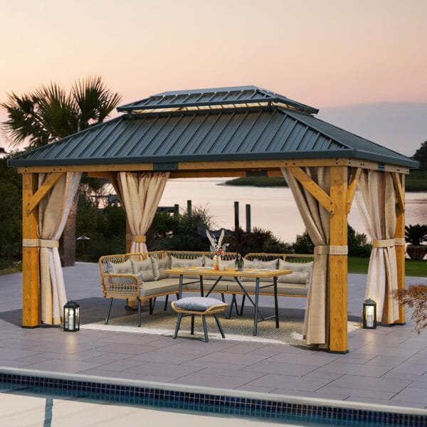 YITAHOME 12x20ft Hardtop Gazebo with Nettings and Curtains, Wood Grain Heavy Duty Double Roof Galvanized Steel for Patio - Image 2