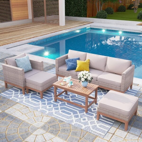 PHI VILLA 5-Piece Patio Wicker Furniture Set with Ottoman, Beige