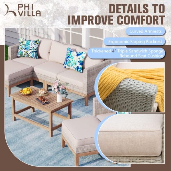 PHI VILLA 5-Piece Patio Wicker Furniture Set with Ottoman, Beige - Image 4