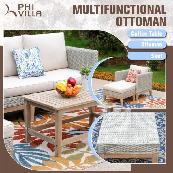 PHI VILLA 5-Piece Patio Wicker Furniture Set with Ottoman, Beige - Image 3