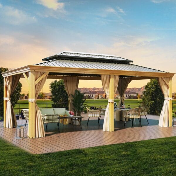 YITAHOME 12x20ft Hardtop Gazebo with Nettings and Curtains, Wood Grain Heavy Duty Double Roof Galvanized Steel for Patio
