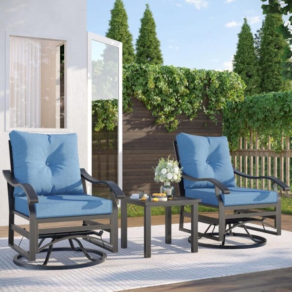 BrandName 3 Piece Outdoor Swivel Chair, Patio Furniture Metal Rocker Bistro Set with Rocking Chair, Thick Cushions and Table for Porch Garden Balcony (Blue) - Image 4