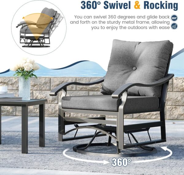 BrandName 3 Piece Outdoor Swivel Chair, Patio Furniture Metal Rocker Bistro Set with Rocking Chair, Thick Cushions and Table for Porch Garden Balcony (Blue) - Image 2