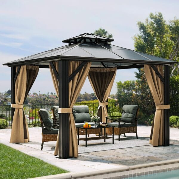YITAHOME 10x10FT Gazebo Polycarbonate Hardtop Double Roof Canopy with Netting and Shaded Curtains, Grey - Image 4