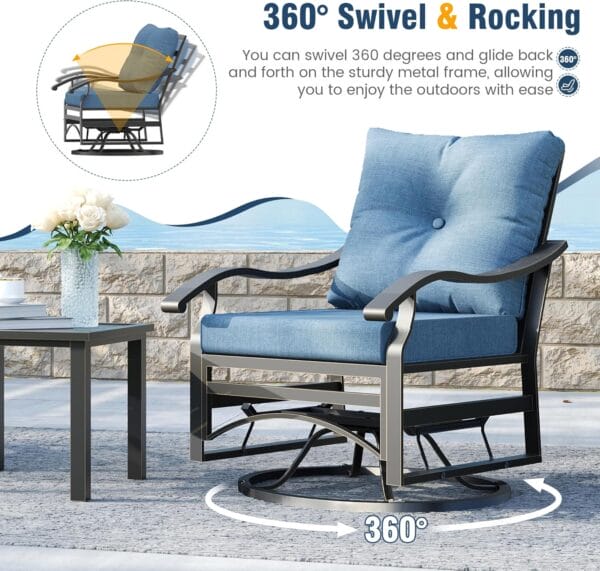 BrandName 3 Piece Outdoor Swivel Chair, Patio Furniture Metal Rocker Bistro Set with Rocking Chair, Thick Cushions and Table for Porch Garden Balcony (Blue) - Image 3