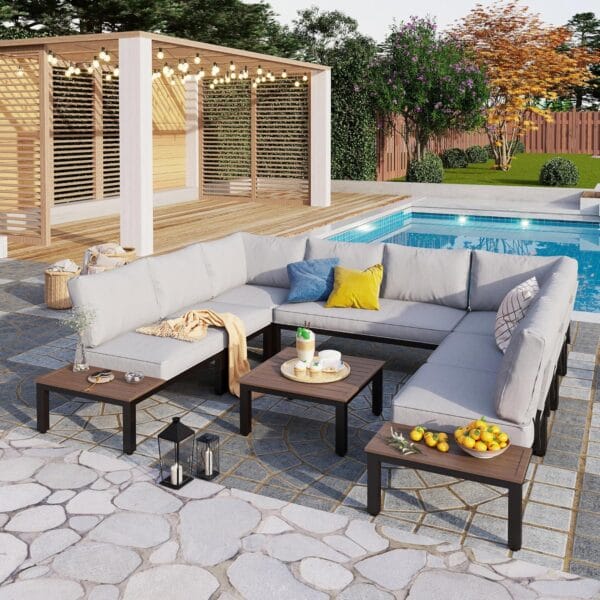 PHI VILLA Metal Patio Furniture Set 8 Piece Modular Modern Outdoor Sectional Sofa Garden Seating Set with Wrought Iron Coffee Table, Light Grey Cushion