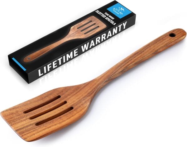 Zulay Kitchen Premium Slotted Spatula - Durable Teak Wooden Spatula For Cooking