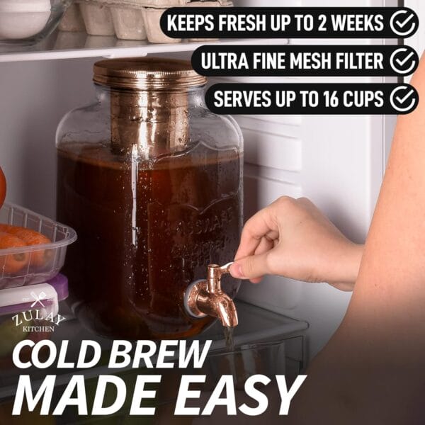 Zulay Kitchen 1 Gallon Cold Brew Coffee Maker - Large Iced Tea & Cold Brew Pitcher with Extra-Thick Glass & Stainless Steel Infuser - Drink & Beverage Dispenser Jar with Airtight Lid & Spout (Gold) - Image 3