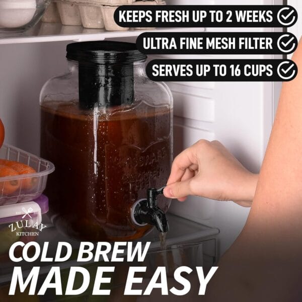 Zulay Kitchen 1 Gallon Cold Brew Coffee Maker - Large Iced Tea & Cold Brew Pitcher with Extra-Thick Glass & Stainless Steel Infuser - Drink & Beverage Dispenser Jar with Airtight Lid & Spout (Gold) - Image 2