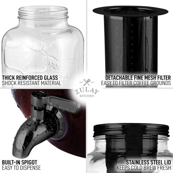 Zulay Kitchen 1 Gallon Cold Brew Coffee Maker - Large Iced Tea & Cold Brew Pitcher with Extra-Thick Glass & Stainless Steel Infuser - Drink & Beverage Dispenser Jar with Airtight Lid & Spout (Gold) - Image 4