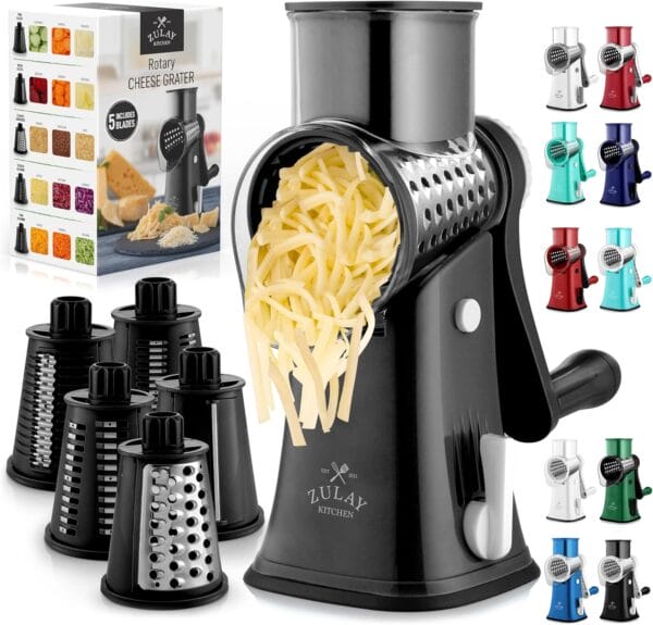 Zulay Rotary Cheese Grater - 5 Blade Cheese Shredder with Reinforced Suction
