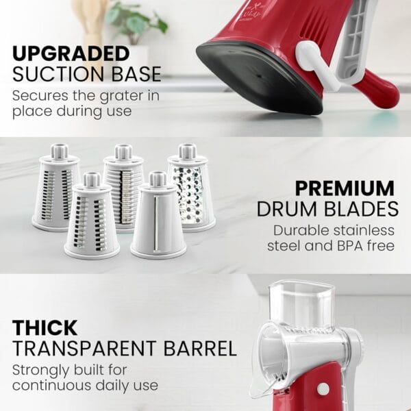 Zulay Rotary Cheese Grater - 5 Blade Cheese Shredder with Reinforced Suction - Image 4