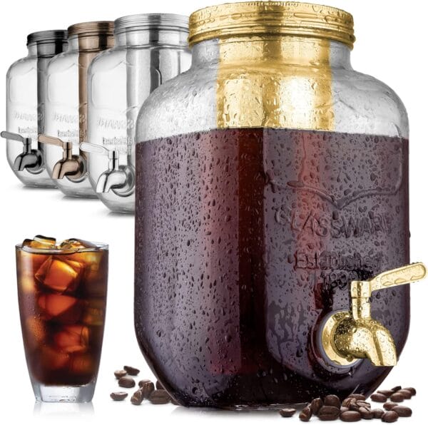 Zulay Kitchen 1 Gallon Cold Brew Coffee Maker - Large Iced Tea & Cold Brew Pitcher with Extra-Thick Glass & Stainless Steel Infuser - Drink & Beverage Dispenser Jar with Airtight Lid & Spout (Gold)