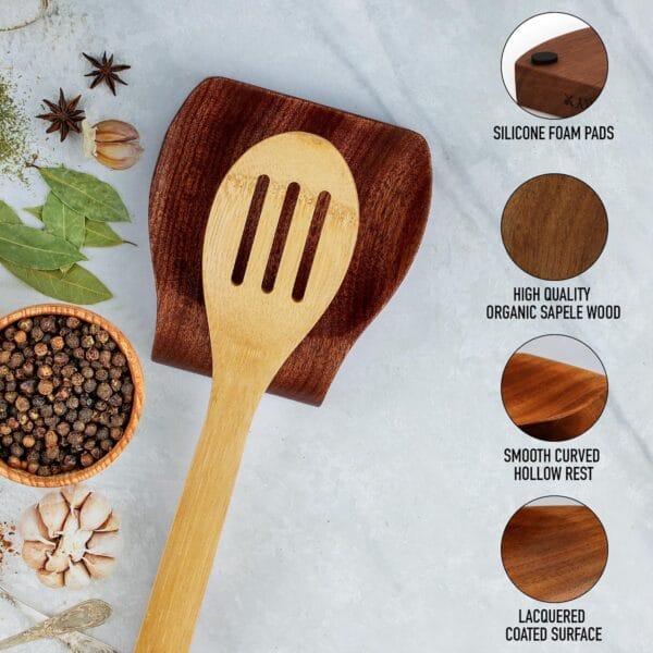 Zulay Sapele Wood Spoon Rest for Kitchen - Premium Wooden Spoon Holder with Non Slip Silicone Feet - Image 4